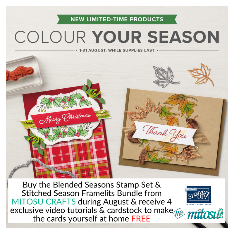 Stampin' Up! Blended Seasons Stamp Set & Stitched Season Framelits Bundle. Exclusive Promotion from Mitosu Crafts Online Shop