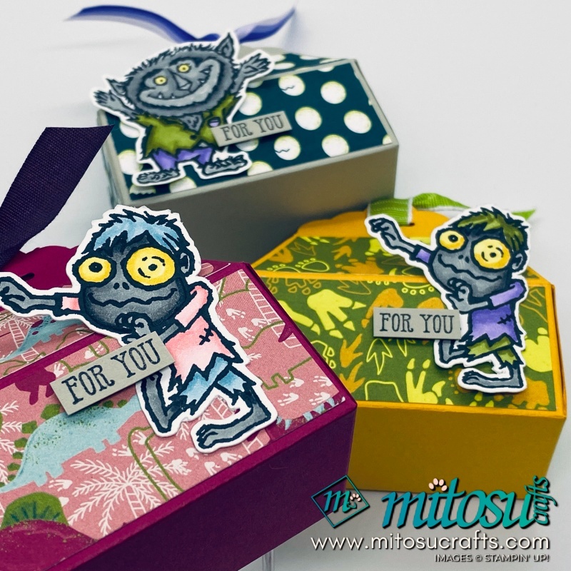 Halloween Treat Box Handmade by Mitosu Crafts using Dinoroar Designer Series Paper (DSP) & Boo To You Stamp set.