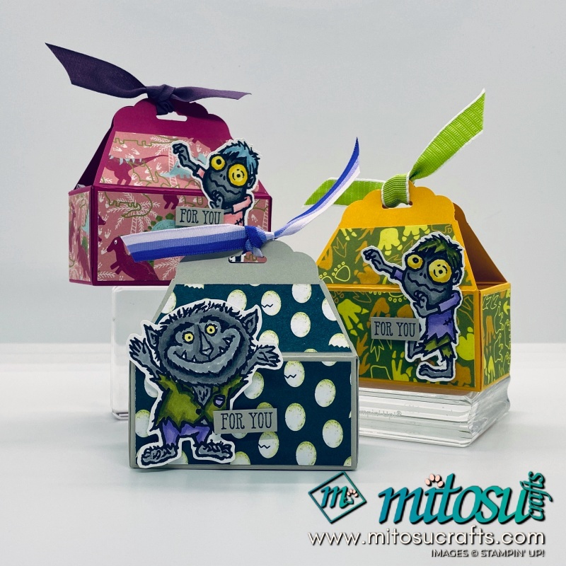 Halloween Treat Box Handmade by Mitosu Crafts using Dinoroar Designer Series Paper (DSP) & Boo To You Stamp set.