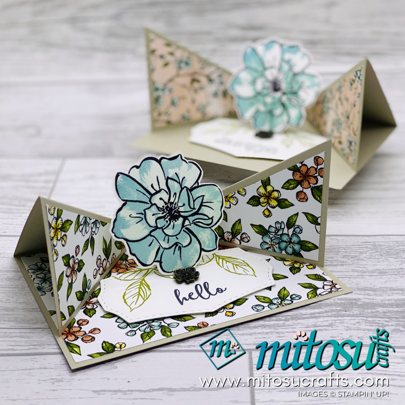 Triangle Corner Pop Up Card Idea with Floral Essence for Creating Kindness blog hop. Order Stampin Up SU products from Mitosu Crafts