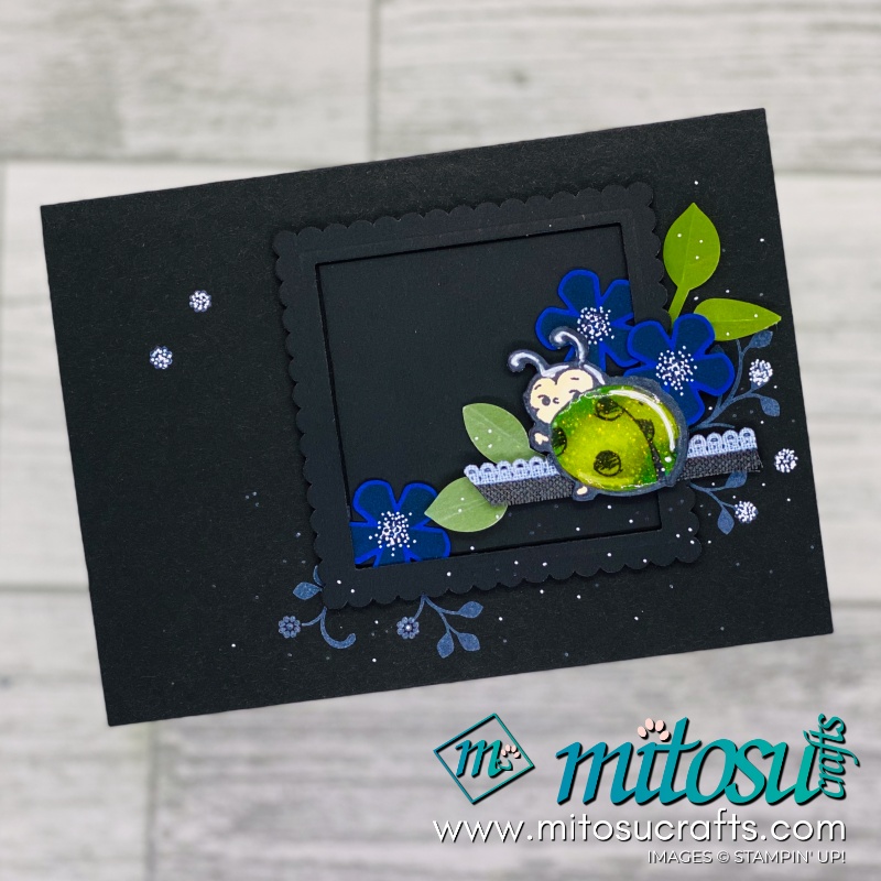 Thoughtful Blooms Shimmery Little Ladybug Black Card Idea for Papercraft Crew Challenge from Mitosu Crafts UK